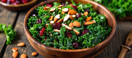 Nutritious kale salad with almonds and cranberries. - obrazy, fototapety, plakaty