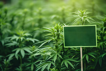Cannabis-Industriewandel: Leeres Schild vor einem Hintergrund aus Cannabis-Pflanzen symbolisiert gesetzliche Veränderungen und neue Perspektiven.