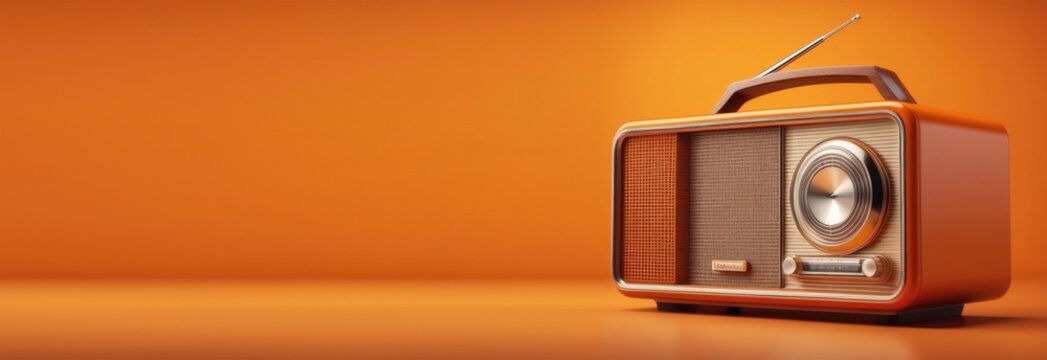 horizontal banner, World Amateur Radio Day, retro radio, music recorder, nostalgia and memories, orange background