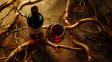a bottle of red wine and glass on a wooden surface