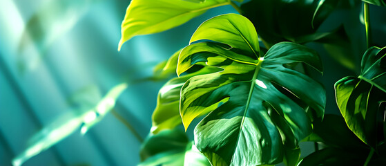 A horizontal image of bright green tropical leaves illuminated by light creating beautiful shadows on the wall. It can be used as a background for websites, promotional materials or as a decorative el