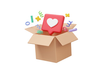 Open present brown parcel on isolated background. heart surprise gift box or celebration anniversary delivery shopping online concept. minimal cartoon cute smooth. 3d render illustration