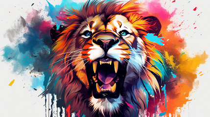 realistic Angry Lion face zoo park Vector Artwork, Lion king , splash smoke rainbow background  , Generate AI