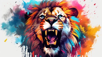 Foto op Canvas realistic Angry Lion face zoo park Vector Artwork, Lion king , splash smoke rainbow background  , Generate AI © VinaAmeliaGRPHIC
