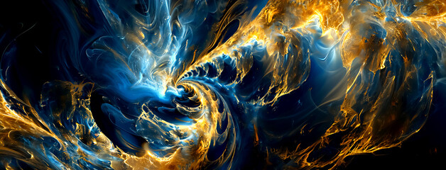 Naklejka premium This is an abstract horizontal image that creates dynamic swirls using dark blue and gold colors, evoking space or sea motifs. Can be used in interior design or web design.