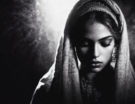 Beautiful Jewish woman girl from the bible / Torah times, princess Esther or Rebecca, Rachel or Mary Magdalene - dramatic cinematic black and white portrait illustration