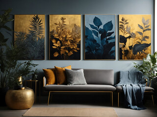 Silhouettes of beautiful plants on canvas. Gold, sofa designs.