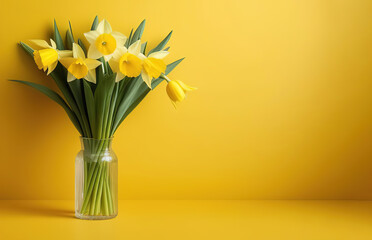 Fototapeta premium Fresh spring flowers narcissus bouquet in glass vase on yellow background mothers day valentines