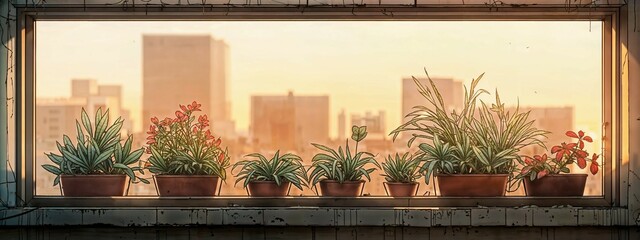 Urban Oasis: Verdant Potted Plants Basking on a Sunlit High-rise Ledge Overlooking the Cityscape, decor for environment events, design templates, banner, background, backdrop