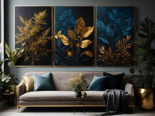 Silhouettes of beautiful plants on canvas. Gold, sofa designs.