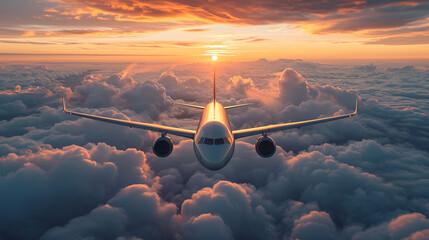 Commercial airplane flying above clouds in dramatic sunset light. High resolution of image. Fast...