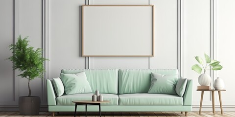 Modern home decor with a stylish interior featuring a mint sofa, design furniture, plants, elegant accessories, green wood paneling with a shelf, and a mock-up poster frame template.