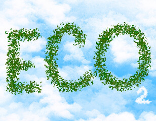 ECO ecology clean air clean nature text composed of green leaves on the background sky with clouds O2 oxygen