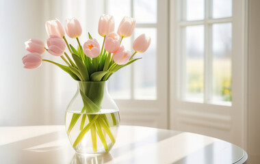Fototapeta na wymiar Fresh spring flowers light pink tulips bouquet in glass vase on table modern light interrior mothers day valentines