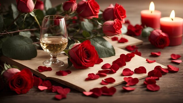 red rose and candle, drink and letter on the table, Valentine's Day
