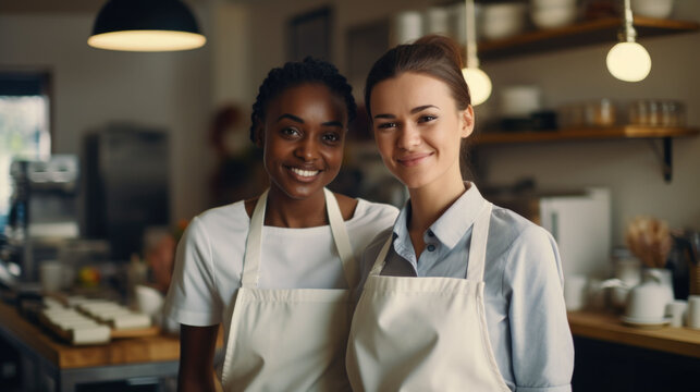 Portrait Of A Two Multinational African And Caucasian Coffee Shop Workers Looking At A Camera