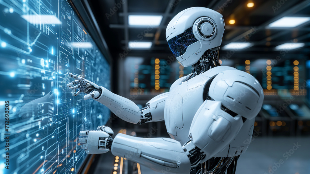 Poster humanoid robot with a digital face is touching a futuristic computer screen with glowing blue data