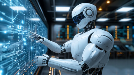humanoid robot with a digital face is touching a futuristic computer screen with glowing blue data
