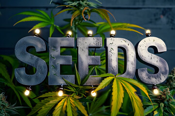 Cannabis-Saatgut: Schild mit der Aufschrift 'Seeds' vor einem Hintergrund aus Hanfpflanzen symbolisiert die Vielfalt legalisierter Hanfsamen und die Zukunft der Cannabiszucht.