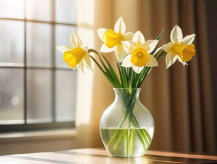 Fresh spring flowers narcissus bouquet in glass vase on table modern light interrior mothers day valentines