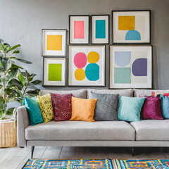 Light grey sofa with colorful multicolored pillows against wall with art poster frames. Pop art, scandinavian home interior design of modern living room