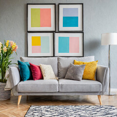 Light grey sofa with colorful multicolored pillows against wall with art poster frames. Pop art, scandinavian home interior design of modern living room