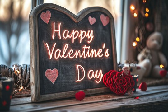 A heartwarming photograph featuring the phrase "Happy Valentine's Day" delicately chalked on a wooden surface, surrounded by Valentine's day decorations, enhanced by a soft and beautiful illumination