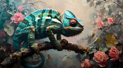 chameleon and flowers