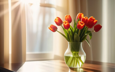 Fototapeta na wymiar Fresh spring flowers red and yellow tulips bouquet in glass vase on table modern light interrior mothers day valentines