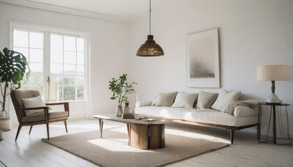 Naklejka na ściany i meble Minimalist loft interior design of modern bedroom with panoramic windows.