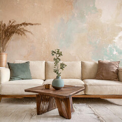 Rustic barn wood coffee table against beige sofa and stucco wall with copy space. Wabi-sabi home interior design of modern living room.