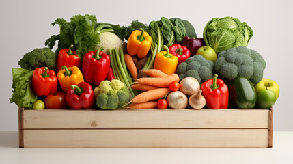 Pine box full of colorful fresh vegetables and fruits on a white background , Generate AI