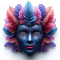 A colorful mask with feathers on a white background, Mardi Gras carnival mask.