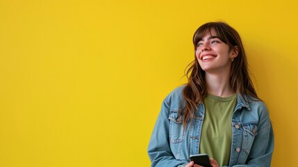 Side view young happy smiling cheerful woman she wear green t-shirt denim shirt casual clothes hold in hand use mobile cell phone isolated on plain yellow background studio portrait Lifestyle concept - obrazy, fototapety, plakaty