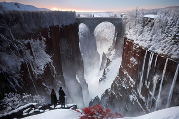 Mountain valley with snow. Generative AI.