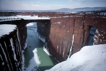 Rocky area covered in snow. Generative AI.