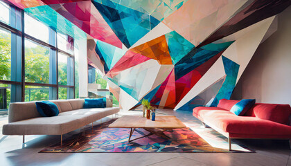 Suprematism style interior design of modern living room with abstract geometric colorful shapes - obrazy, fototapety, plakaty