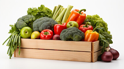 Pine box full of colorful fresh vegetables and fruits on a white background , Generate AI