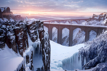 Snowy mountain road. Generative AI.