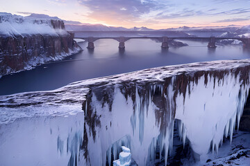 Riverside with snow. Generative AI.