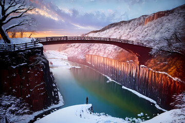 Winter scenery at sunset. Generative AI.