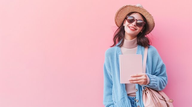 Traveler woman wear blue sweater casual clothes hold passport ticket bag look aside isolated on plain pink background. Tourist travel abroad in free time rest getaway Air flight trip journey concept.