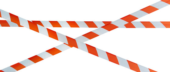 Striped intersecting crime scene or construction site warning signs in red and white on a white and transparent background. PNG.