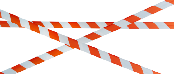 Striped intersecting crime scene or construction site warning signs in red and white on a white and transparent background. PNG.