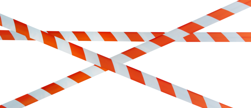 Striped intersecting crime scene or construction site warning signs in red and white on a white and transparent background. PNG.