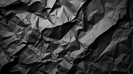 Heavily crumpled shiny black paper texture flat background. Paper texture background for text or images. Abstract design concept