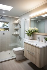Fototapeta na wymiar Modern bathroom with large glass shower and white vanity