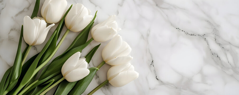 Flat lay banner with bunch of white tulips on marble background. Greeting card with copy space for spring, World Womens Day, March 8, Mothers day, Valentines Day, Birthday, Wedding.