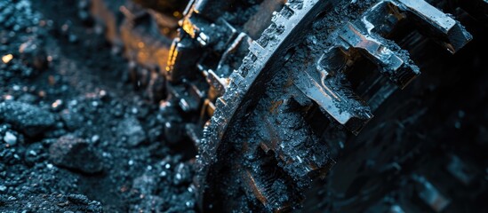 Coal mining drill head in closeup, used for harvesting in mines. - obrazy, fototapety, plakaty