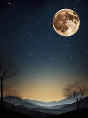 Night landscape with full moon and mountains